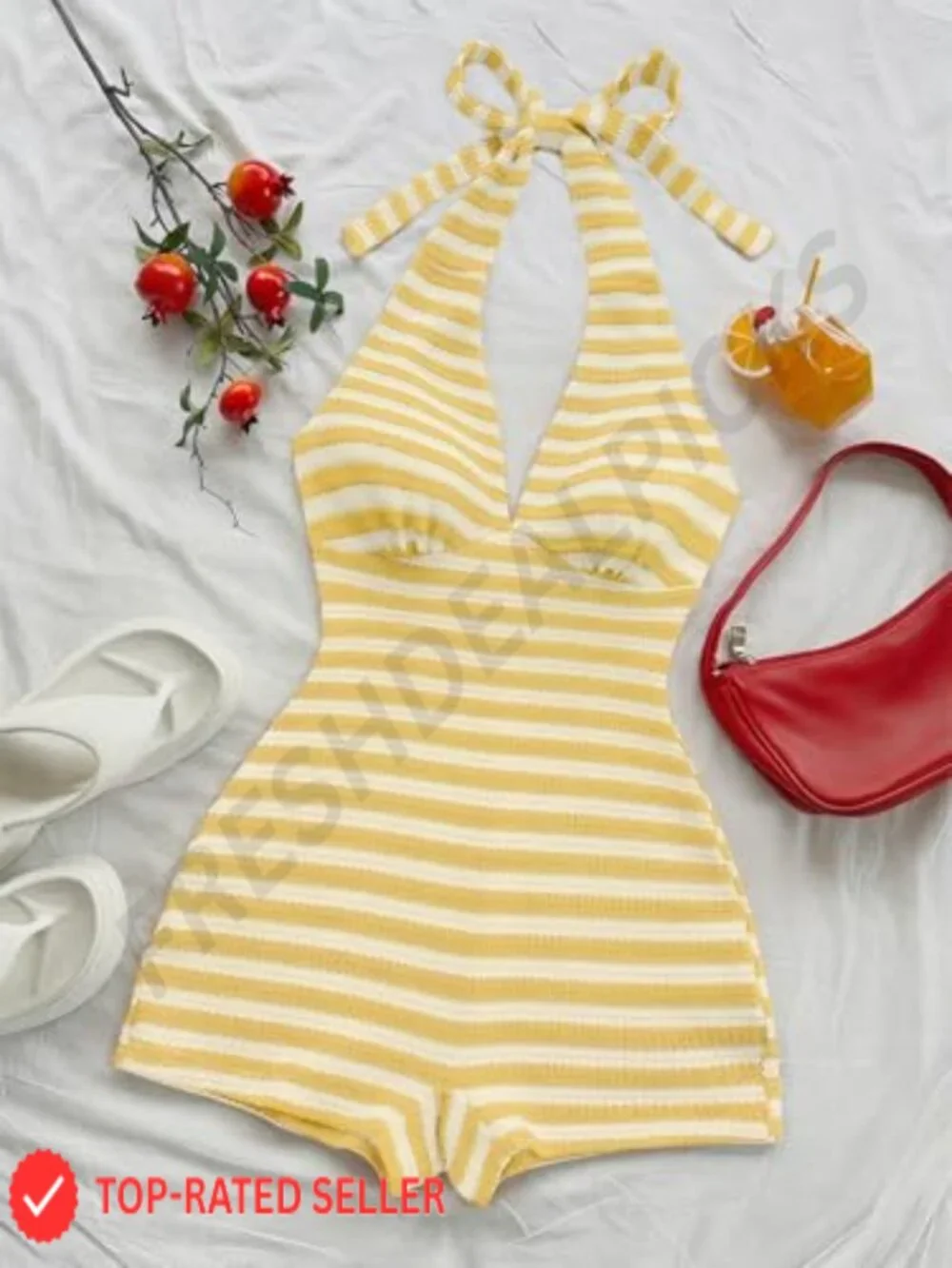 Women's Striped Halter Romper Sleeveless, Backless Summer Short Jumpsuit